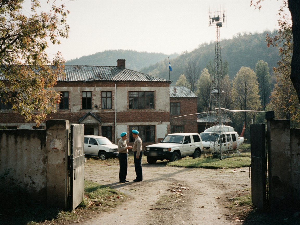 Two men in light blue berets talking at the open gate of a walled compound; a shabby two-storey brick building, white four-wheel-drive vehicles, a white helicopter and a lattice radio mast among autumn trees