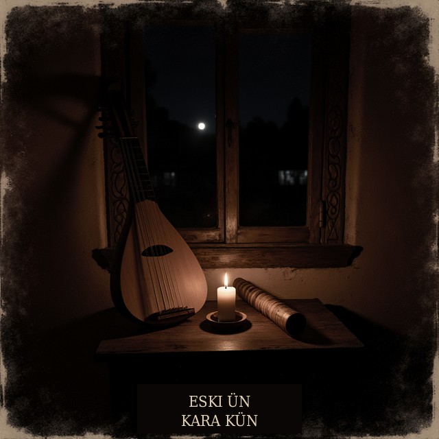 A candle on a wooden table beside a lute and a flute, in front of a night window