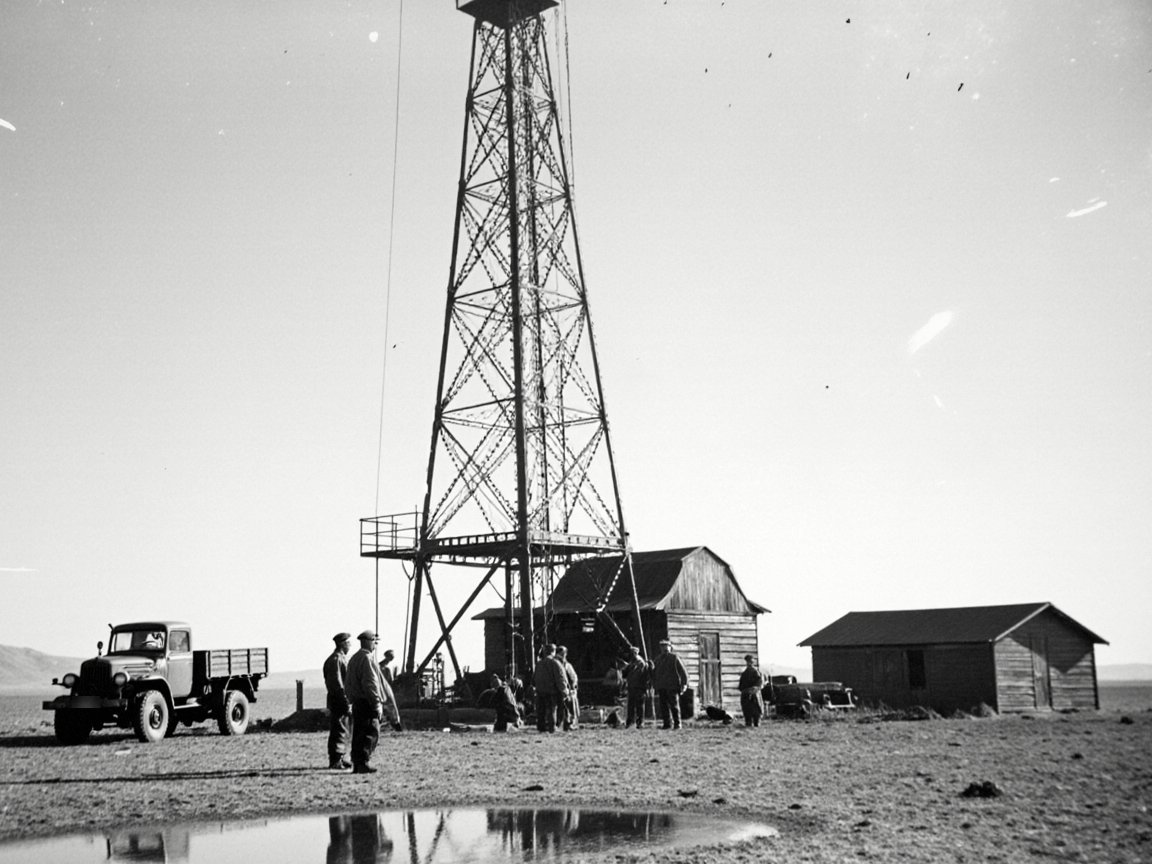 Black-and-white photograph of a tall steel lattice derrick on flat steppe with oil workers in caps around its base, an old lorry, two wooden sheds and a puddle in the foreground