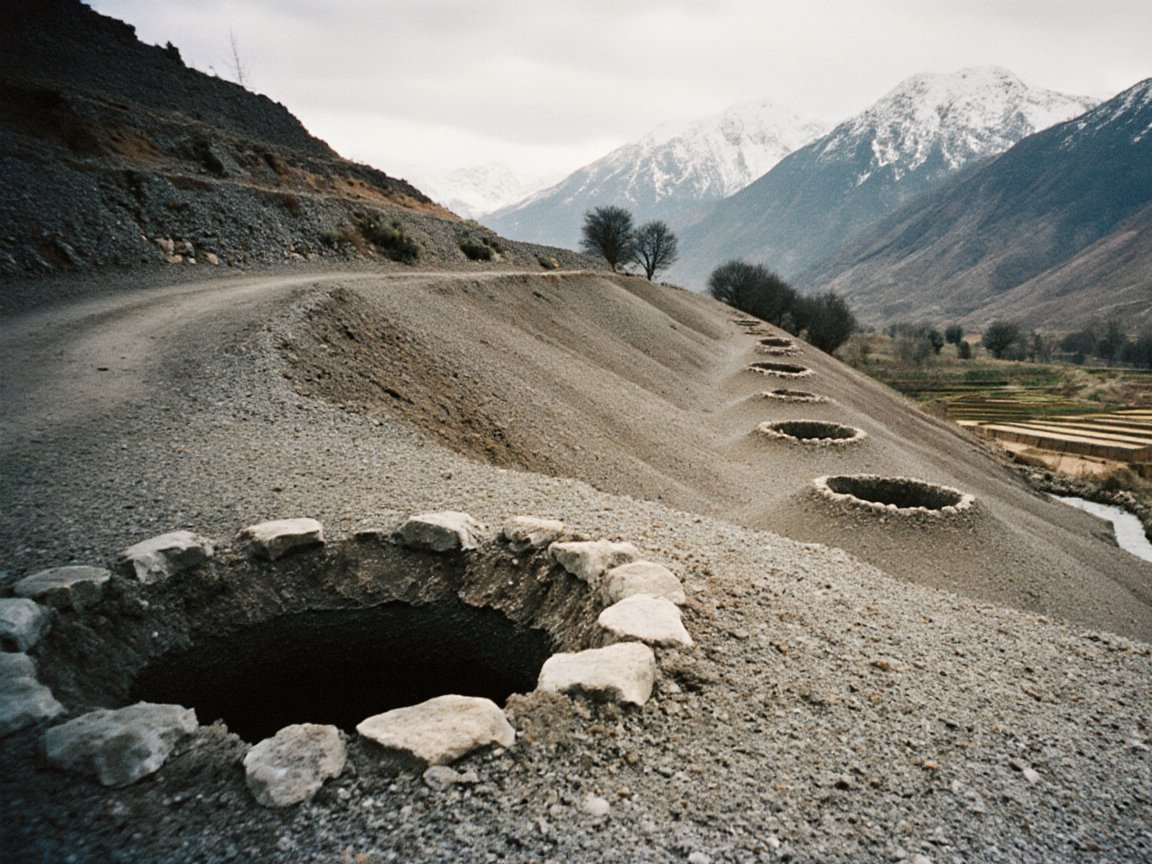 A stone-ringed open shaft in the foreground and a line of round shaft mouths running down a gravel slope beside a dirt track, with a stream, terraced fields and snowy mountains beyond