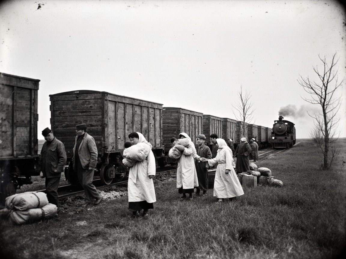Black-and-white photograph of Korean families in white clothes carrying children and bundles beside a train of wooden boxcars on the open steppe, a steam locomotive behind