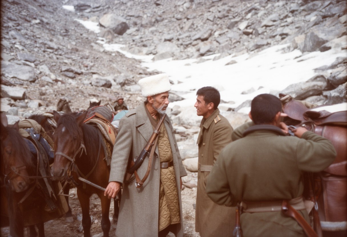 A grey-bearded man in a white hat and long greatcoat with a rifle talks to a young man beside saddled horses on a snowy rocky pass