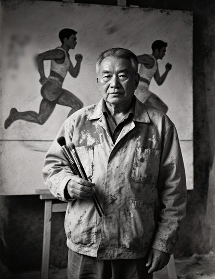 Black-and-white photograph of a grey-haired man in a paint-stained jacket holding brushes in front of a large painting of runners