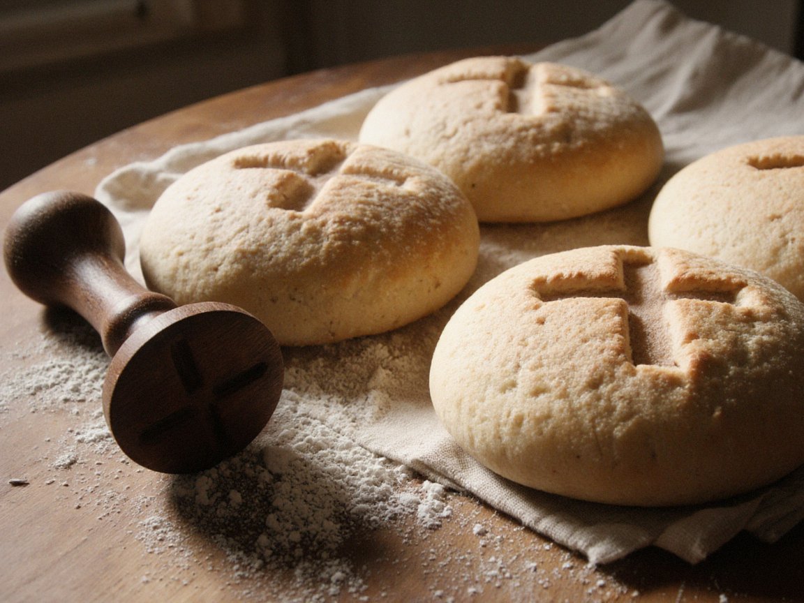 Four thick round pale loaves, each stamped on top with a cross, on a linen cloth on a wooden table, with a dark wooden hand stamp and scattered flour