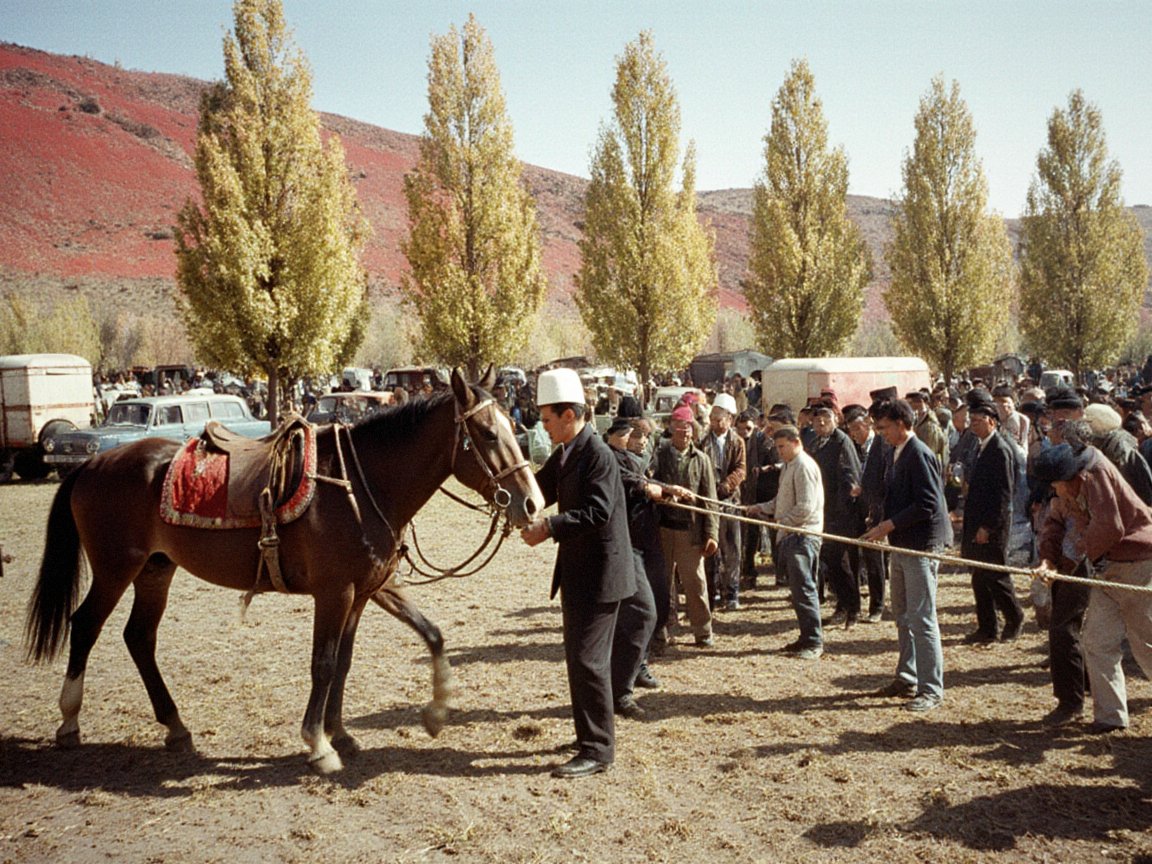 A man in a white felt hat leads a saddled bay horse past a crowd of men holding a rope on a dusty field, with horse trailers, old cars, yellowing poplars and red hills behind