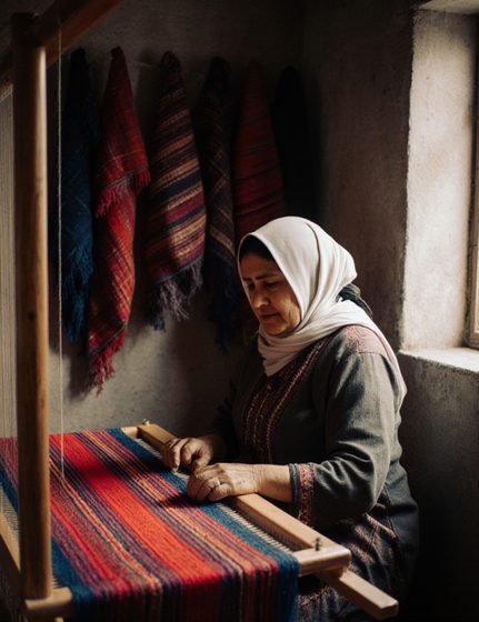 A woman in a white headscarf weaving a striped red and blue cloth at a wooden loom, with woven pieces hanging behind