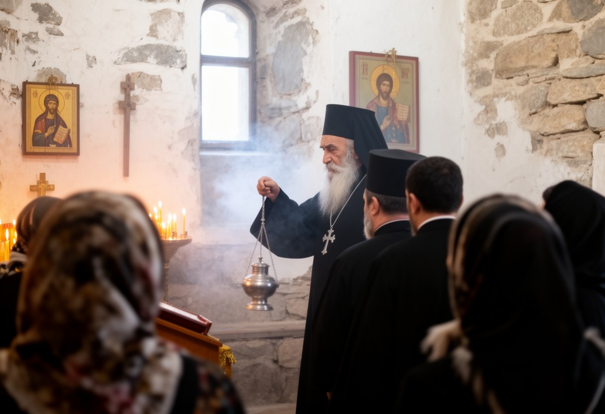 An elderly bishop with a long white beard and tall black veiled hat swings a censer in a small whitewashed stone church, seen past worshippers