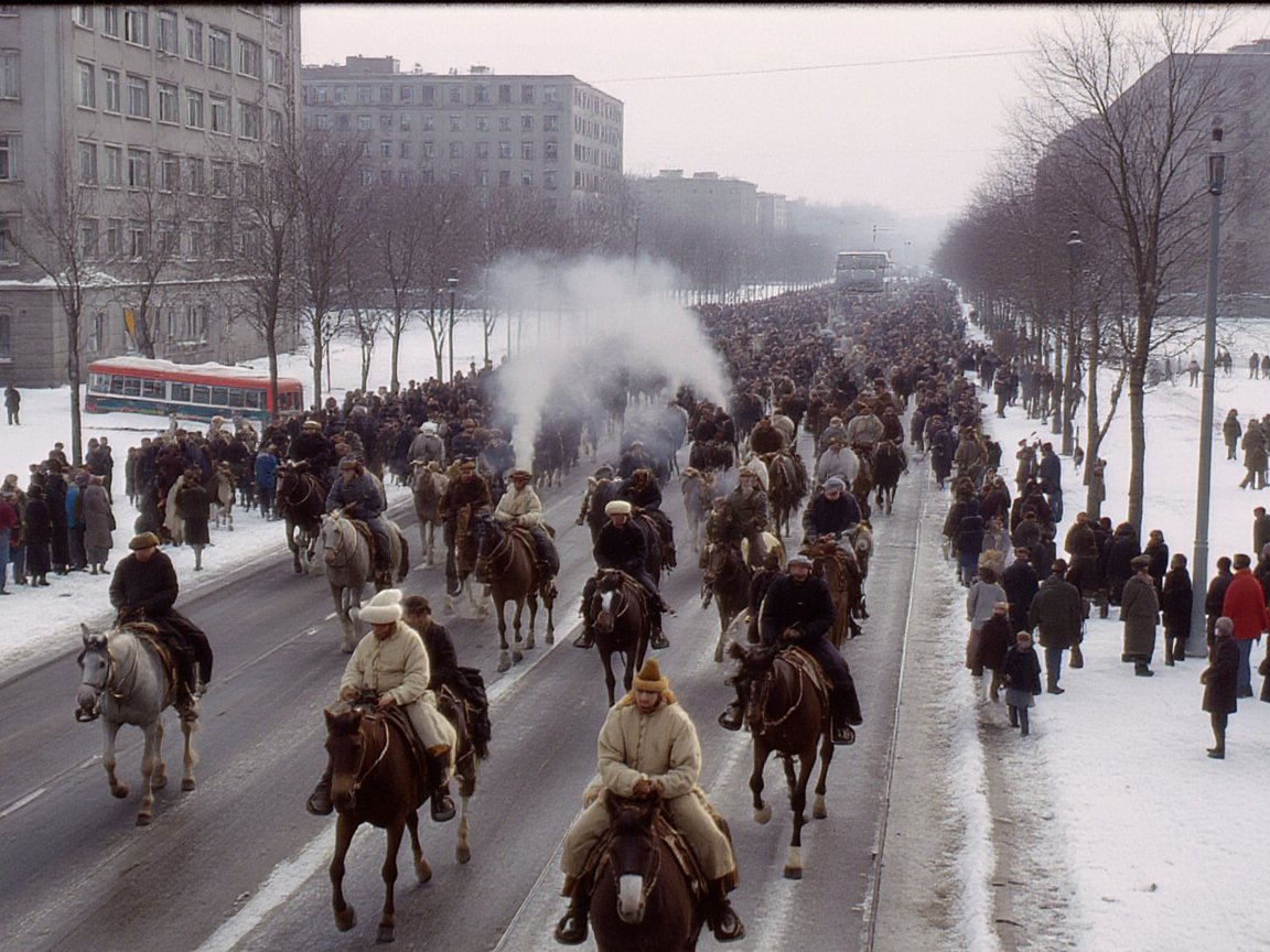 Seen from an upper window, a long column of riders in sheepskin coats and fur or white felt hats fills a snowy avenue between Soviet apartment blocks, with townspeople watching from the snow on both sides and a bus parked on the left