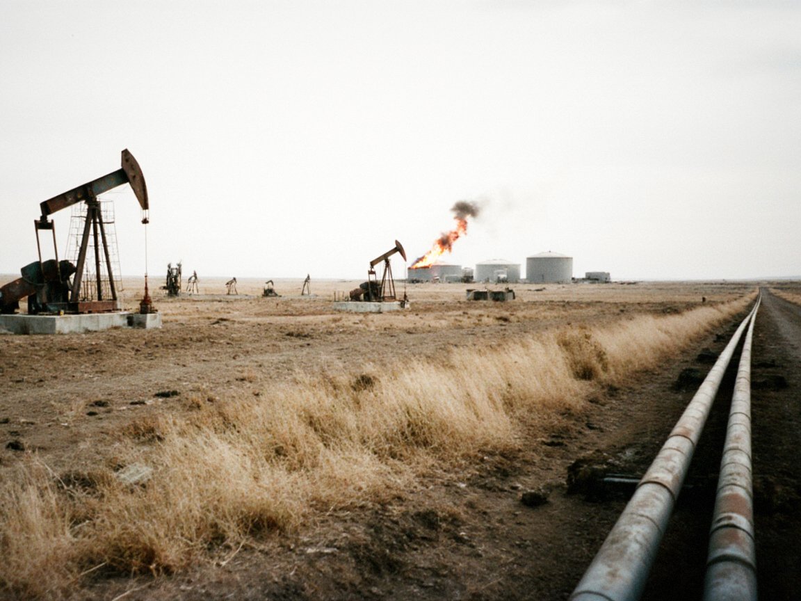 Old oil pumpjacks scattered across flat dry steppe with a gas flare burning by white storage tanks in the distance and a twin pipeline running along a dirt road on the right