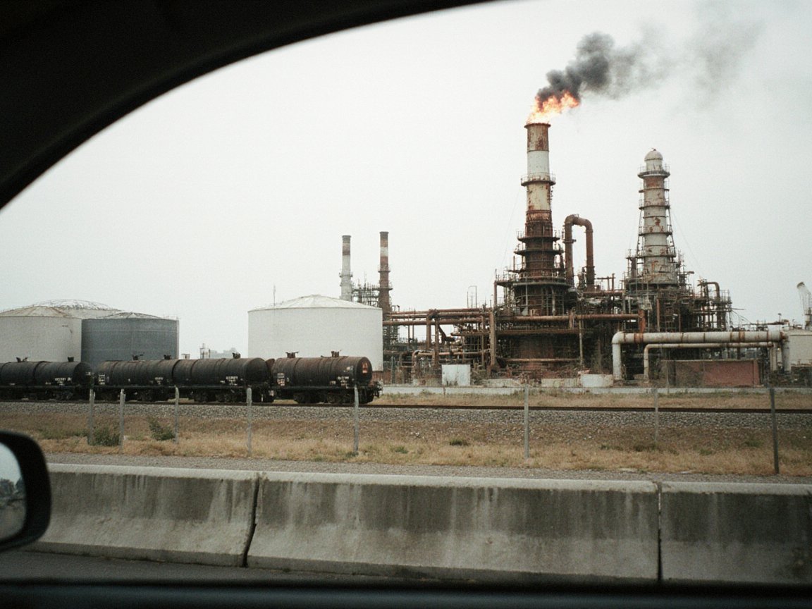 Old refinery with rusty columns and a flare burning with black smoke, white tanks and a train of black tank cars, seen through a car window with the wing mirror at the lower left