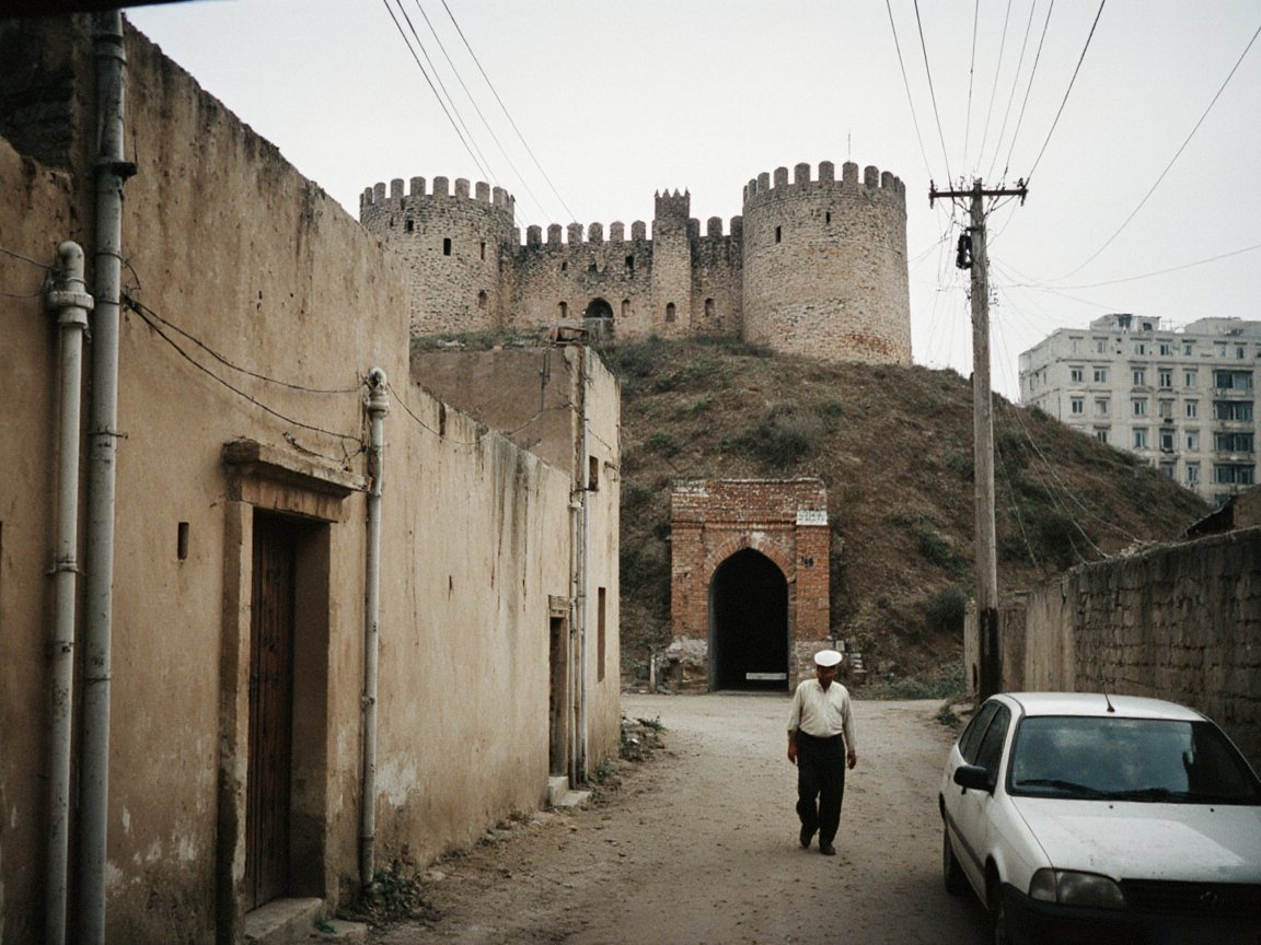 Dirt lane between mud-plastered walls leading to a brick gateway at the foot of an earth mound crowned by a crenellated fortress with round towers; a man in a white cap walking, a white car parked on the right, wires overhead