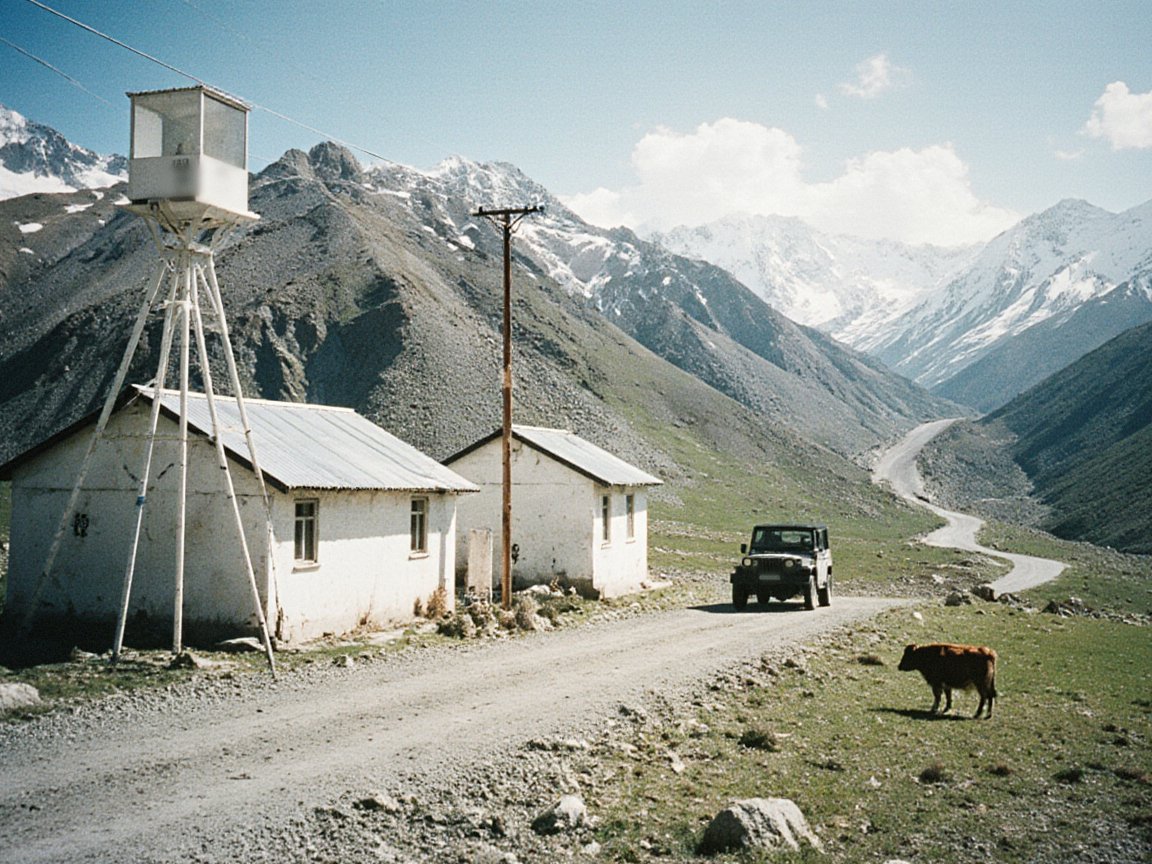 Two whitewashed buildings with tin roofs and a white instrument box on a tall tripod beside a gravel road, with a jeep, a grazing calf and a road winding up a valley between snowy peaks