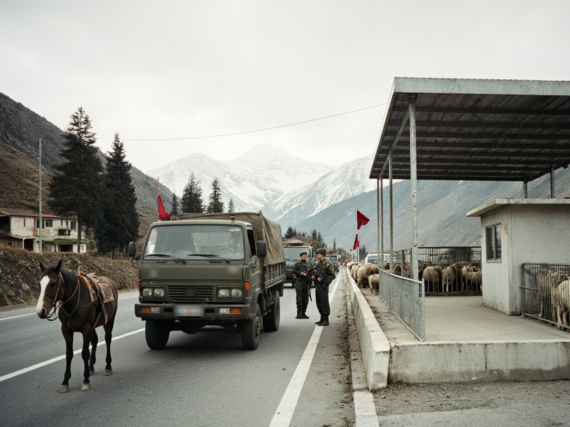 Gendarmes with rifles beside an olive army truck on a mountain road, a loose horse in the foreground, sheep in metal pens under a steel canopy on the right and snowy peaks behind