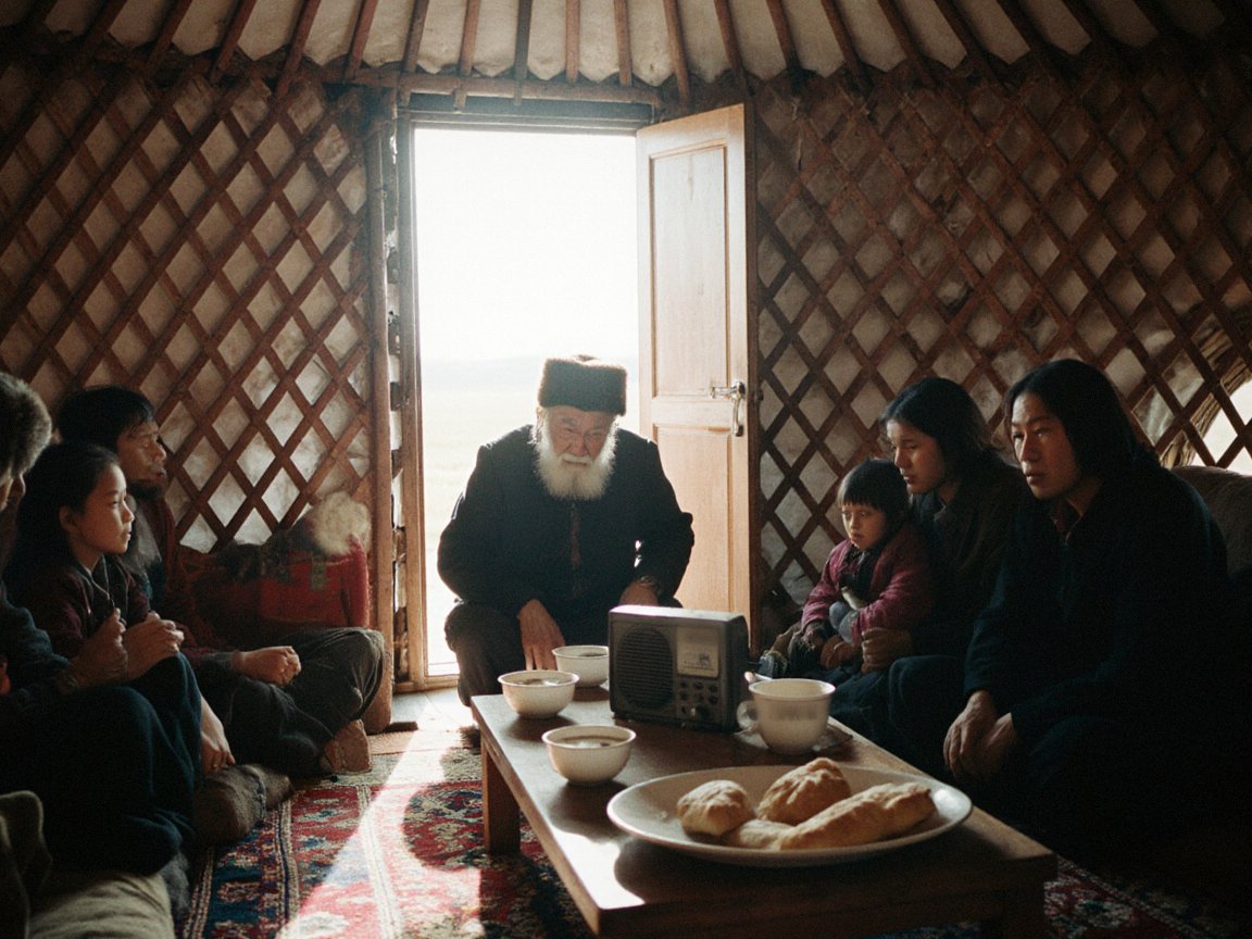 Inside a yurt with a lattice wall, a white-bearded man in a fur hat sits by an open door behind a low table with a small radio, tea bowls and bread, surrounded by family members