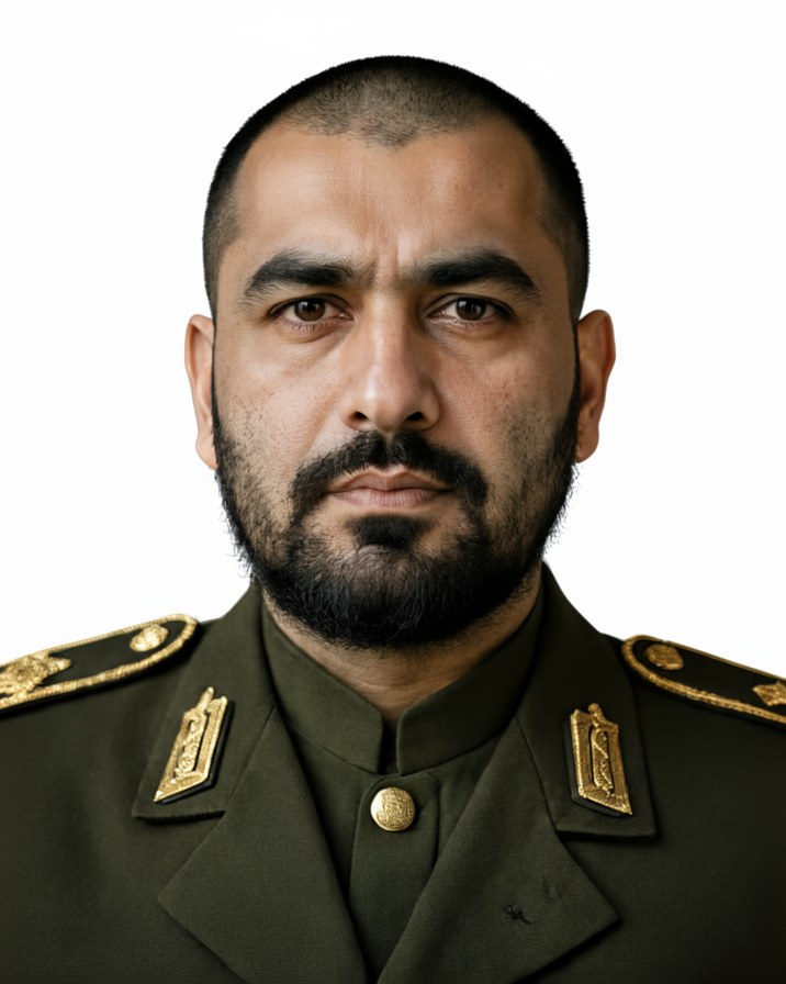 Official portrait of a bearded man with a shaved head in an olive general's jacket with gold shoulder boards, on a white background