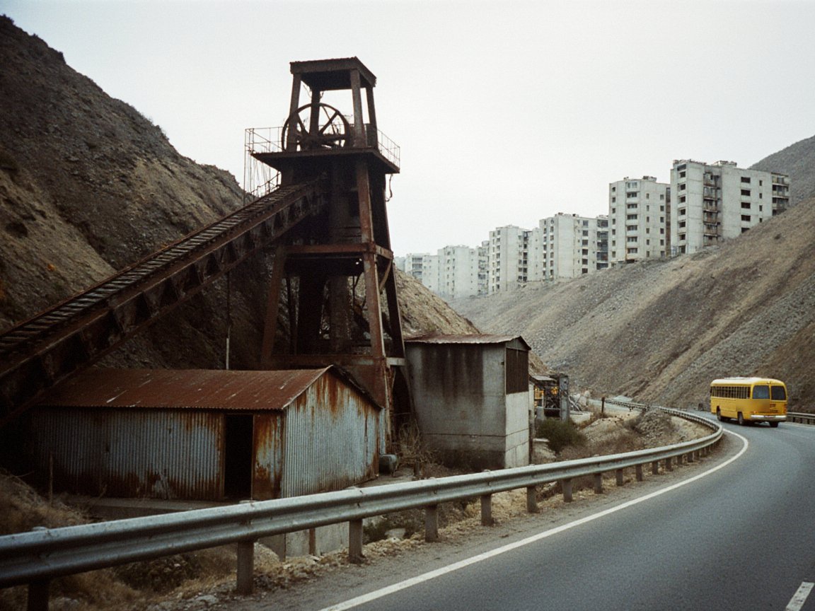 A rusty steel headframe with a winding wheel and an inclined conveyor beside corrugated sheds on a road through a dry gorge, with a line of high-rise apartment blocks on the slope behind and a yellow bus on the road