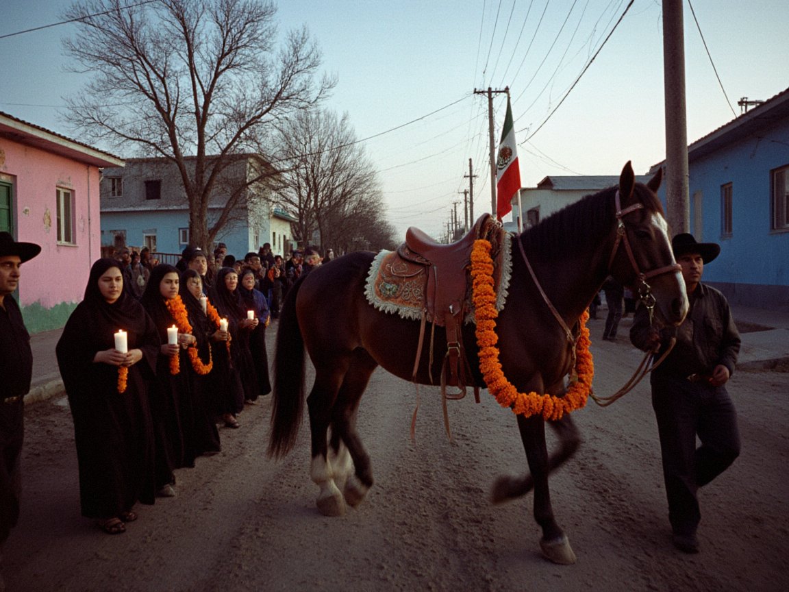 At dusk on a dirt street between pink and blue single-storey houses, a man leads a saddled horse with no rider, hung with an orange marigold garland, past women in black holding candles and marigolds; a Mexican flag on a pole behind