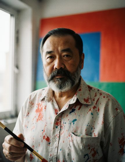 A bearded man in a paint-spattered shirt holding a brush in front of a canvas of flat red, blue and green