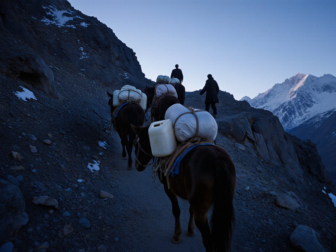 Seen from behind at dusk, dark pack horses loaded with white bundles and a plastic jerrycan climb a stony mountain path behind two men on foot, with snowy peaks catching the last light