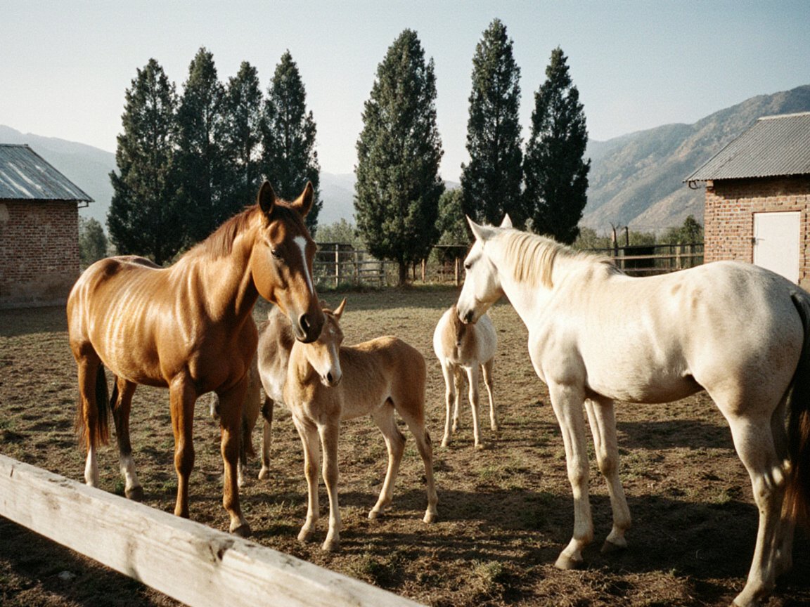 Behind a wooden paddock rail, a glossy chestnut mare and a cream mare stand with three pale foals on bare earth, between old brick stables with tin roofs, with tall cypress-like trees and dry mountains behind