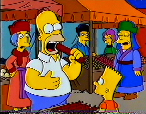 Cartoon still of Homer Simpson eating a sausage at a market stall, with Bart and stallholders in robes
