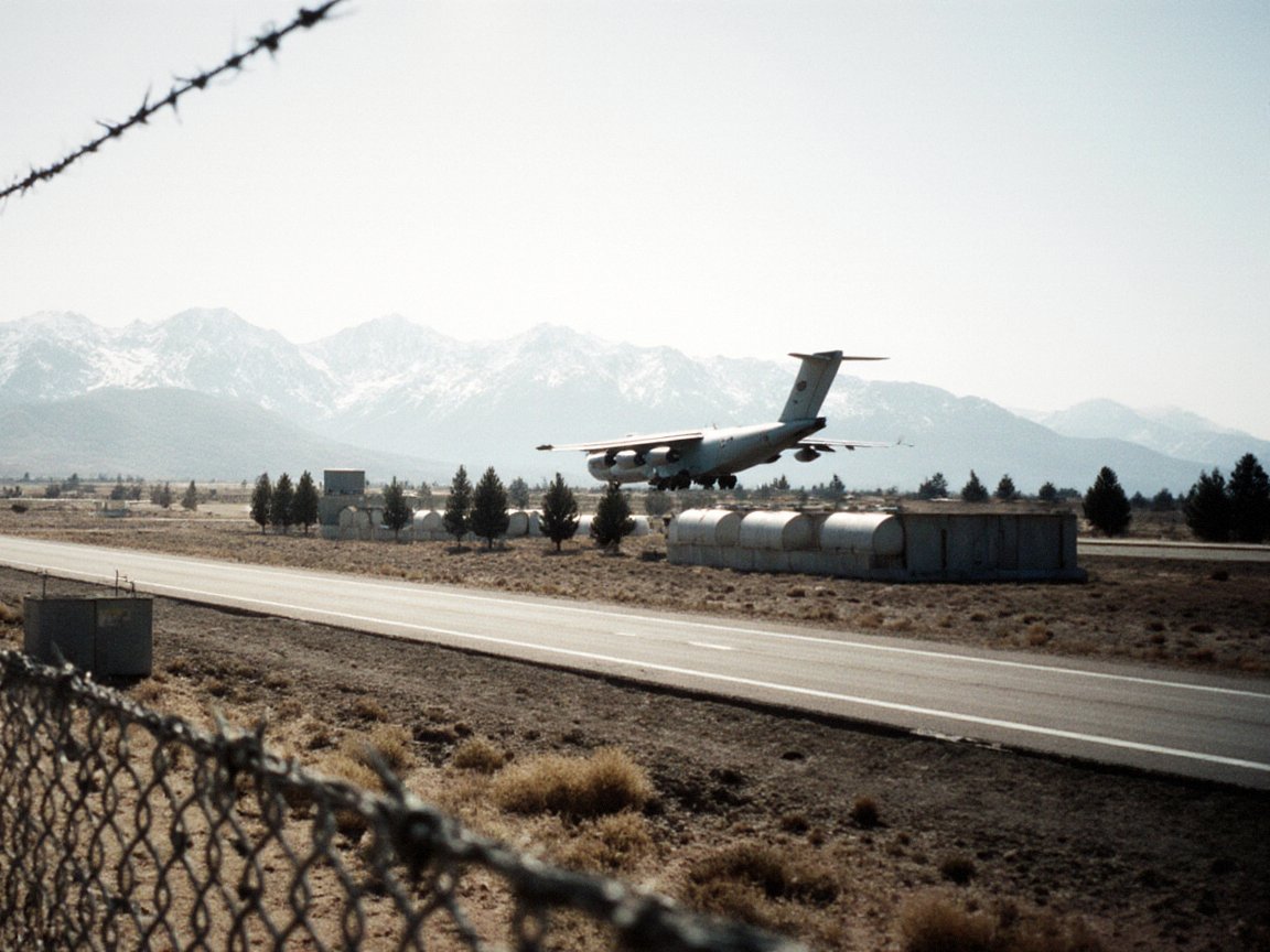 Grey four-engine military transport landing on a runway beyond a barbed-wire chain-link fence, snow-capped mountains behind
