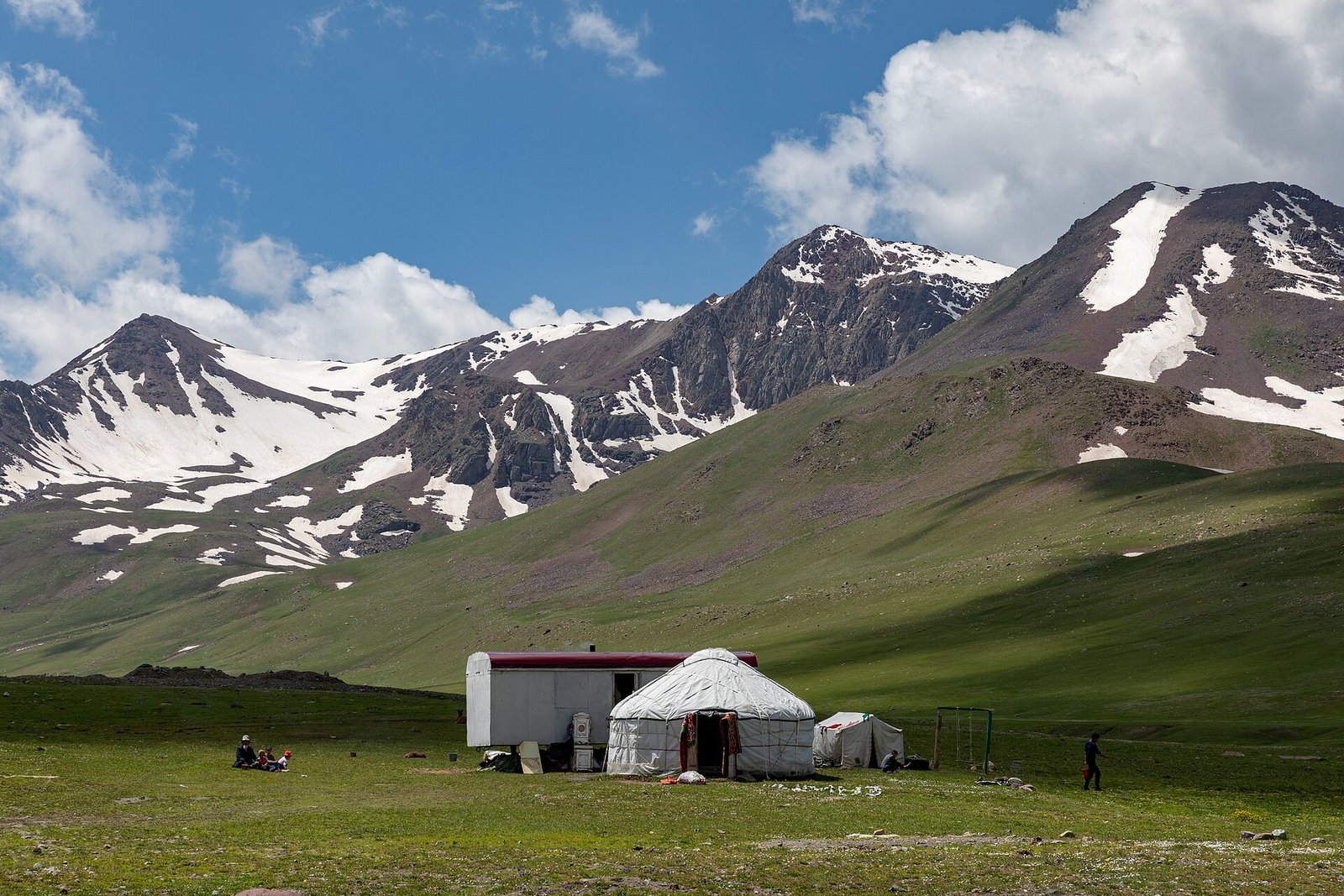 A yurt camp on a pass below the main ridge of the Talas Alatau