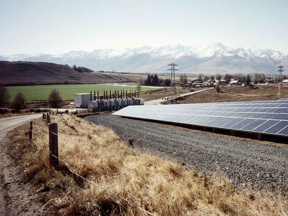 Rows of solar panels on a gravel terrace beside a dirt road and barbed-wire fence, a substation and pylons, green fields and a village below snowy mountains