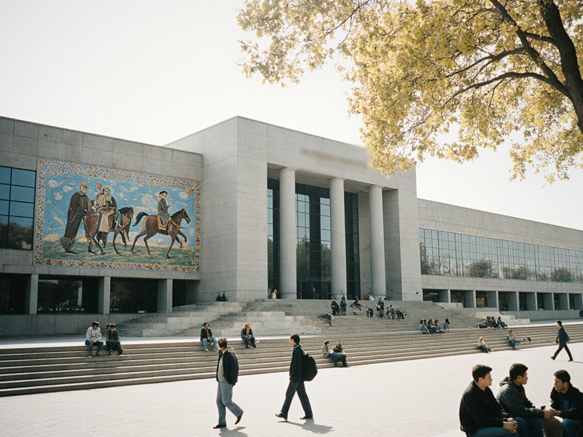 A long 1960s concrete and glass building with a columned entrance and a large mosaic of horsemen on its wall, with students sitting on wide steps and walking across the square under an autumn tree
