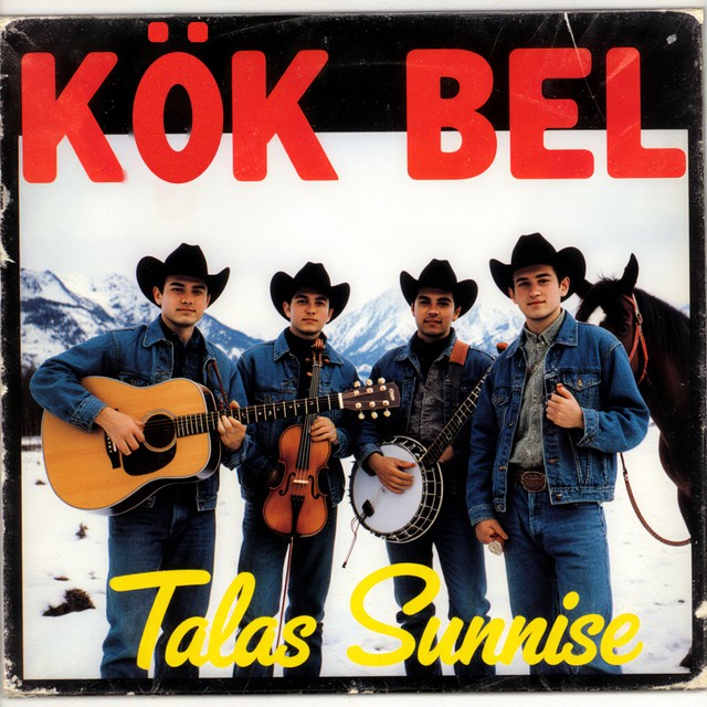 Four men in cowboy hats and denim jackets with guitar, fiddle and banjo, a horse and snowy mountains behind