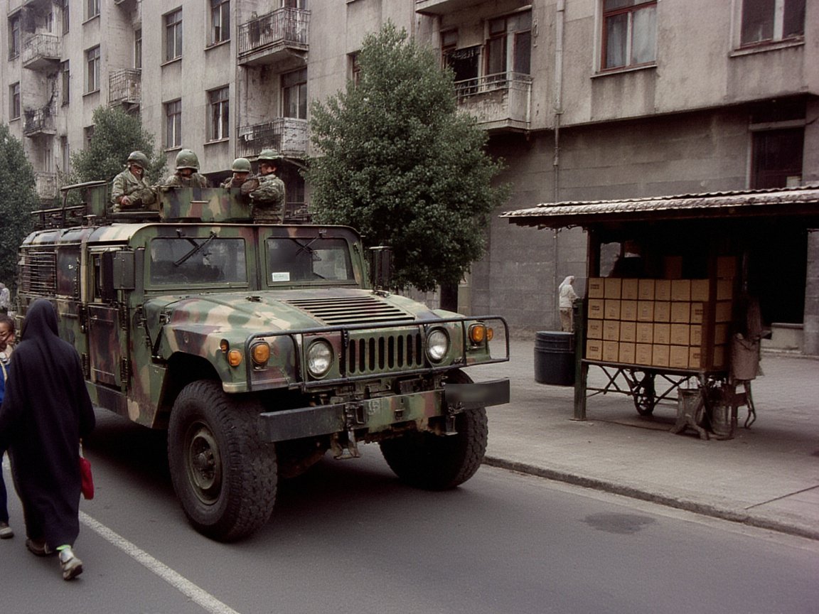 A camouflaged Humvee with helmeted soldiers on top drives down a street between shabby Soviet apartment blocks, past a soldier on foot, children and women with shopping bags and a kiosk stacked with boxes