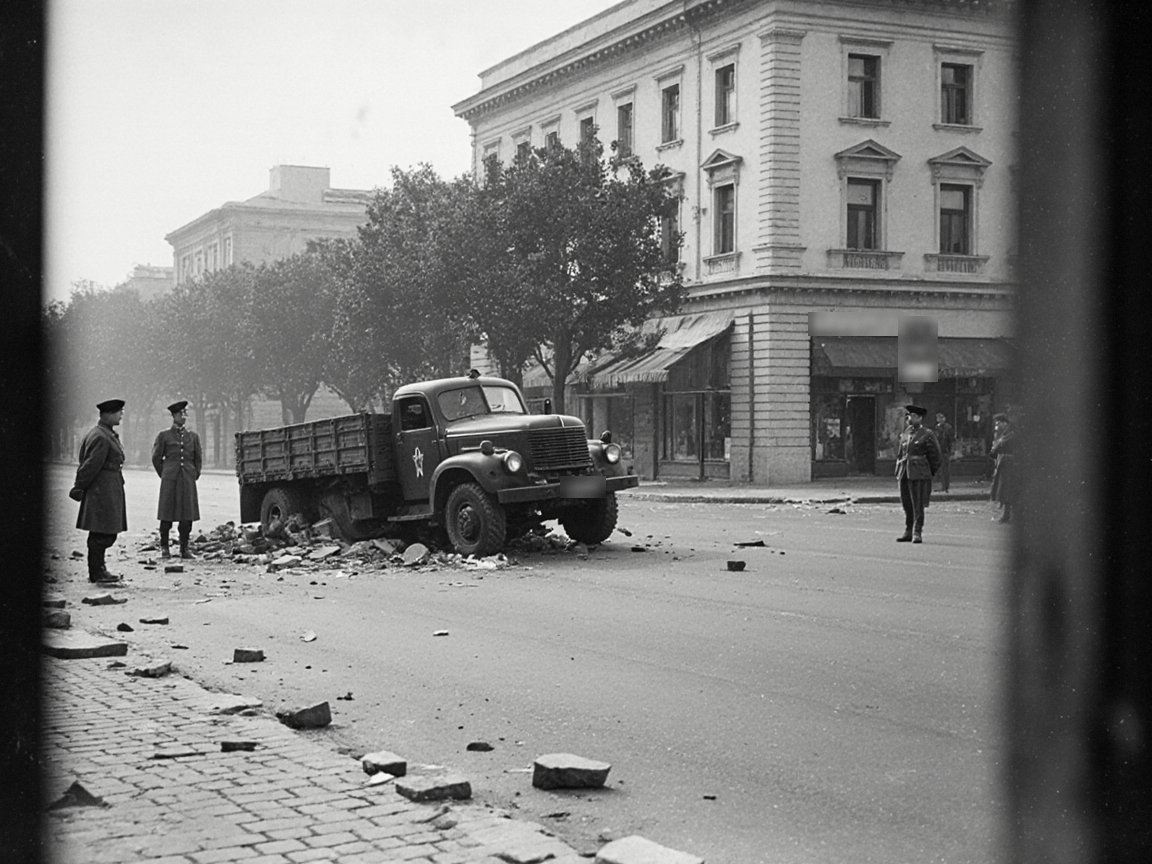 Black-and-white view from a doorway of a wide street with scattered paving stones and rubble around a stopped army truck, soldiers in greatcoats and caps standing by, and a neoclassical corner building with shop awnings behind trees