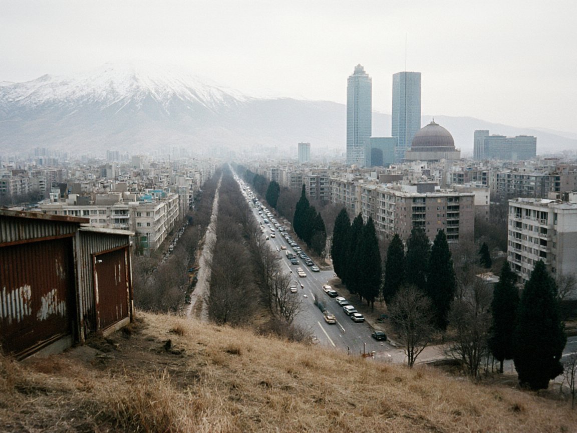 View from a dry hillside past a rusty garage over a long poplar-lined avenue of Soviet apartment blocks, with glass towers and a domed hall to the right and a snow-capped mountain behind
