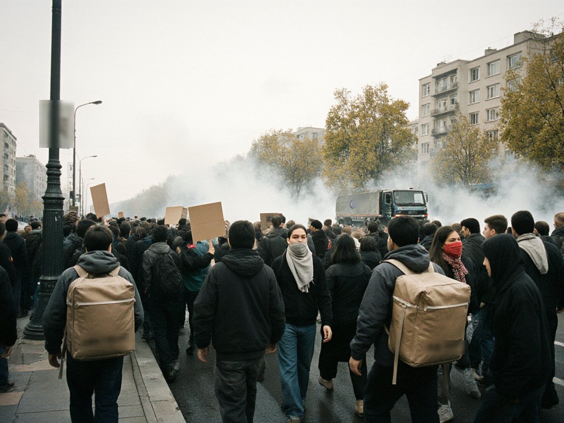 A crowd of young people, some with scarves over their faces and couriers with large delivery backpacks, walks down a wide street toward a cloud of white tear gas and a police truck, between apartment blocks and autumn trees
