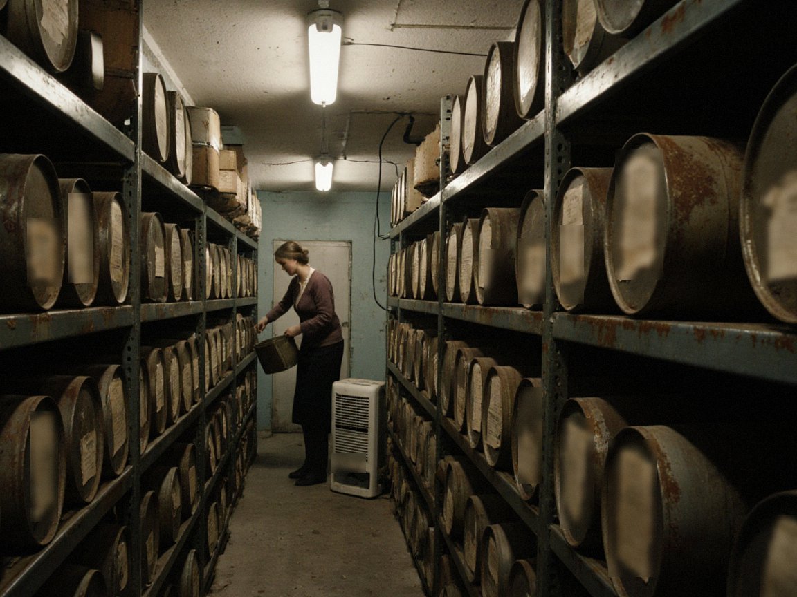 A narrow aisle between metal shelves stacked with rusty round film cans with faded paper labels, lit by fluorescent tubes, with an archivist lifting a can at the far end beside a dehumidifier