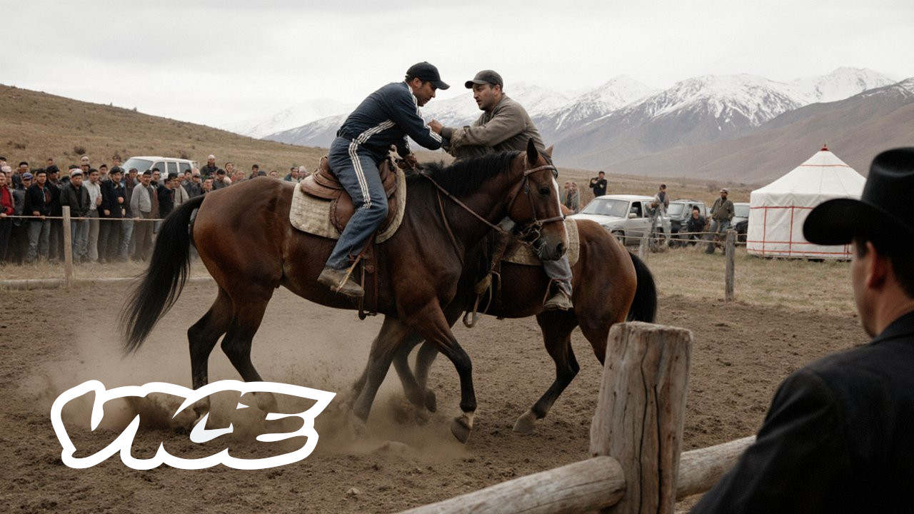 Two riders on brown horses grappling in a dusty earthen ring, a crowd and a white yurt behind and snowy mountains beyond, a man in a cowboy hat in the foreground