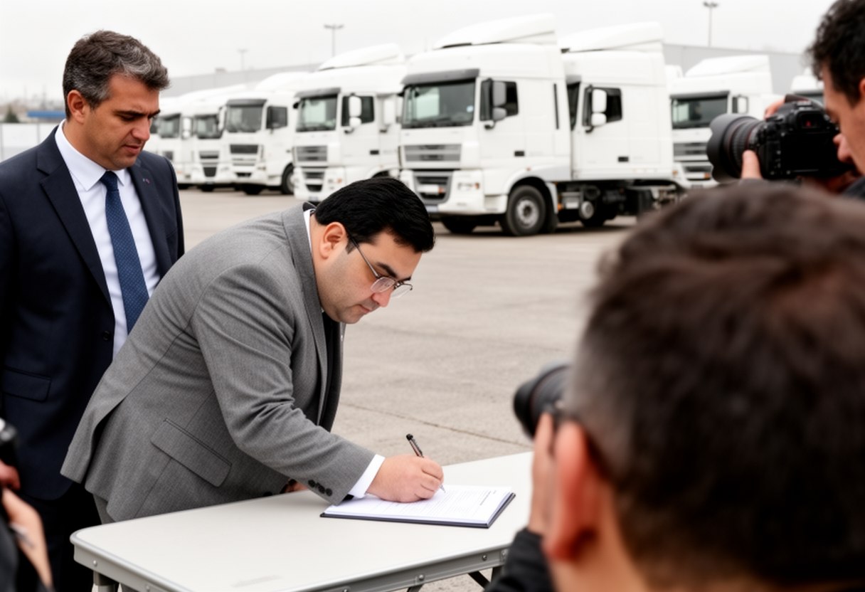 A stocky man in glasses and a grey suit signs a document at a folding table, photographers in the foreground and white trucks behind