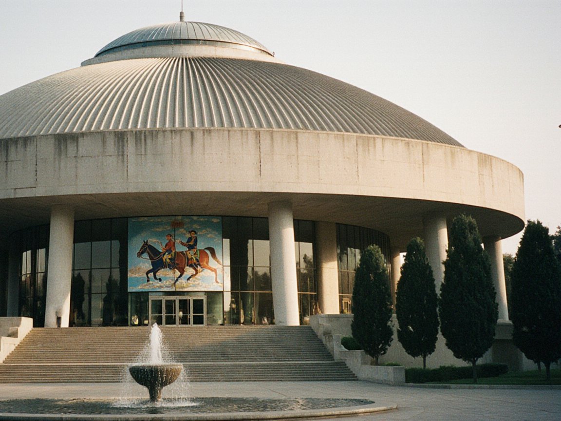 A round concrete building on pillars with a ribbed domed roof rising to a central skylight, a glazed foyer with a large mosaic of two horsemen, wide steps, cypress trees and a fountain in front