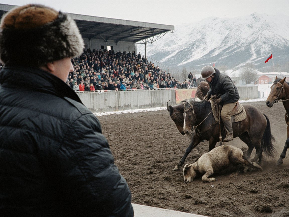 Spectator in a fur hat in the foreground watching riders in helmets on a muddy field fight over a goat carcass, a crowded grandstand and snow-covered mountains behind