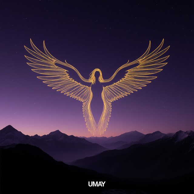 Golden line drawing of a winged female figure above mountains in a violet night sky