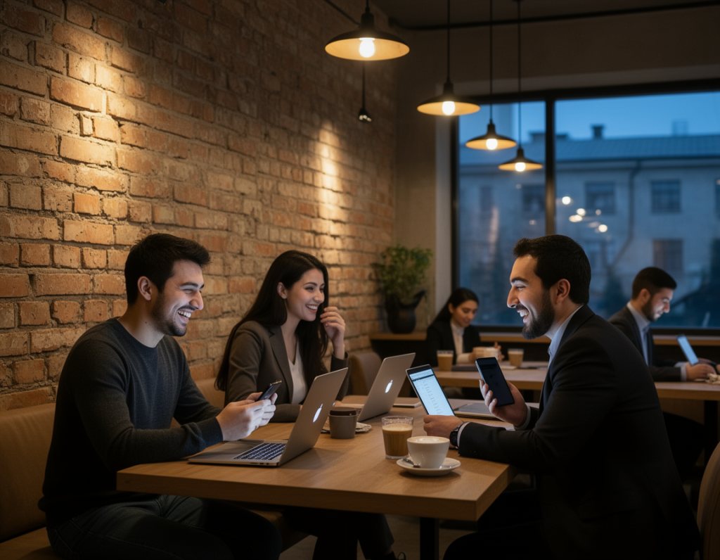Young Central Asian professionals in their thirties at a modern coffee shop in a Soviet-era building, laptops and phones, exposed brick, one laughing, evening light