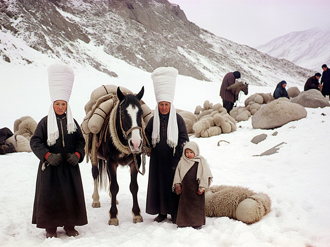 Early colour photograph of two women in tall white wrapped headdresses beside a loaded black-and-white horse and a child bundled in a shawl, on a snowy pass; other refugees sit and rest among bundles and boulders behind them