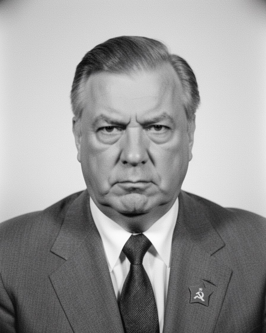 Black-and-white official portrait of a heavy-jawed man in a grey suit with a party badge