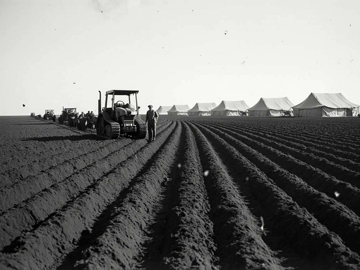 Black-and-white photograph of freshly ploughed furrows stretching to a flat horizon, with a crawler tractor and a man beside it on the left, more tractors behind, and a row of large canvas tents on the right