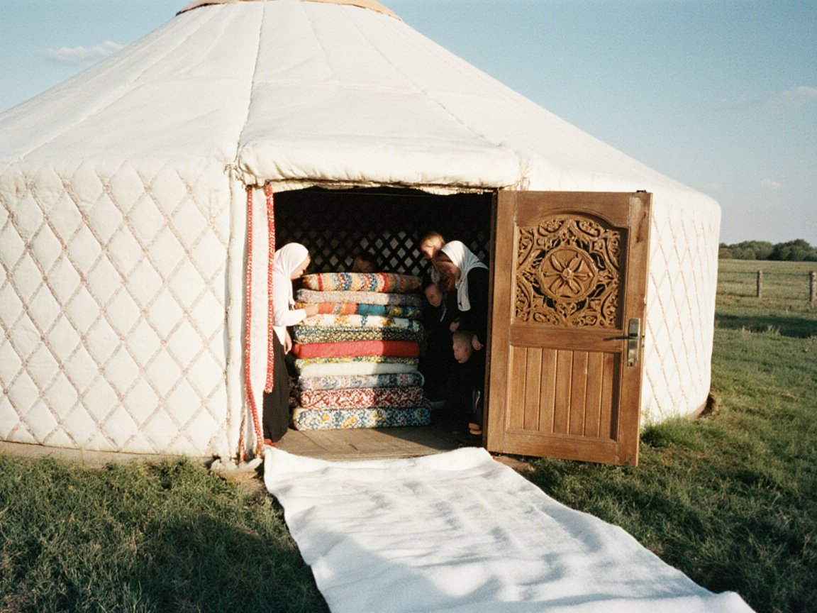 A white yurt with a carved wooden door standing open on a pasture, a strip of white felt on the grass before it and women in white headscarves arranging a tall stack of patterned quilted mattresses inside