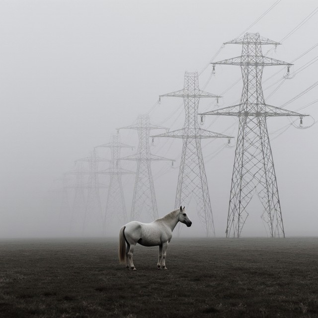 A white horse standing in a foggy field beneath a line of high-voltage pylons