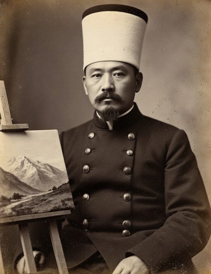 Sepia photograph of a moustached man in a tall white felt hat and a dark double-breasted coat, seated beside an easel with a mountain landscape