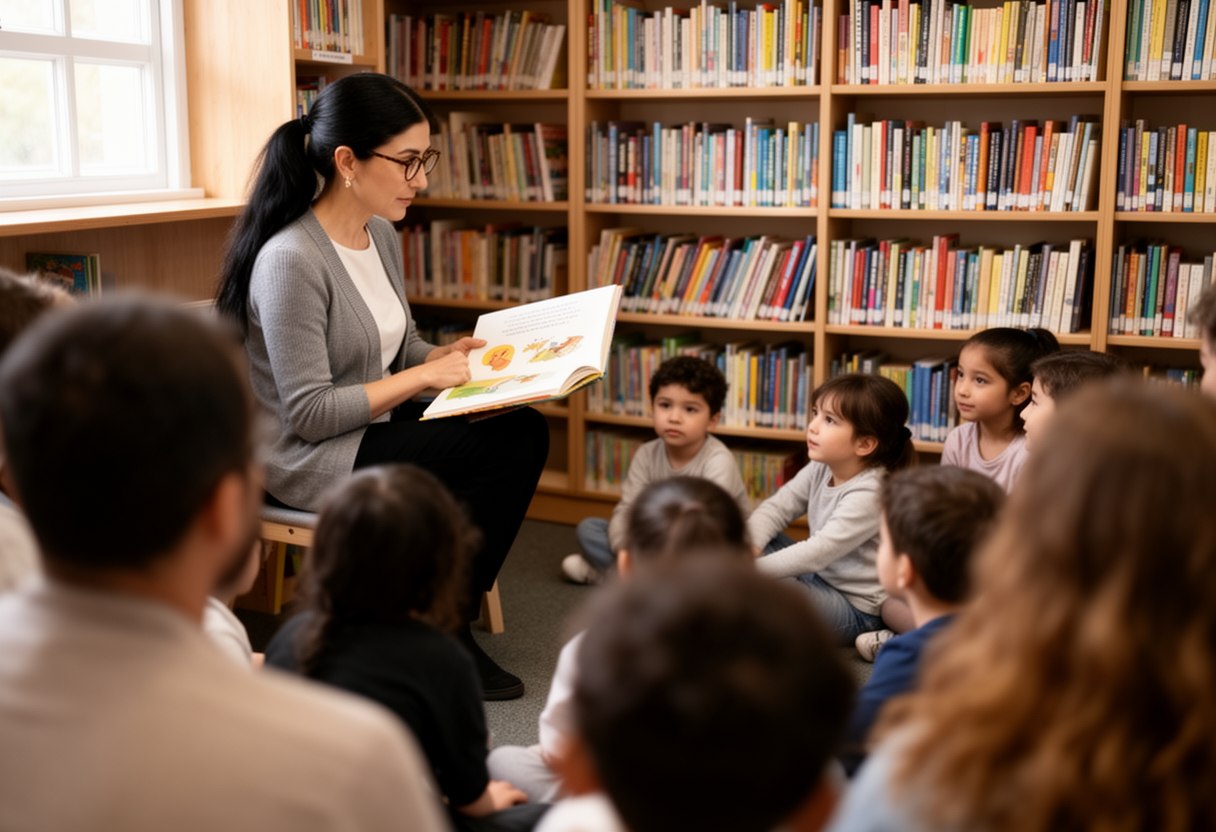 A woman in glasses and a grey cardigan reads a picture book to children seated on the floor, seen over parents' heads