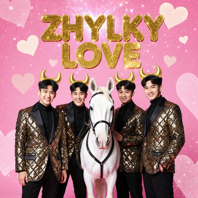 Four young men in gold sequined jackets and gold horn headbands around a white horse on a pink background with hearts