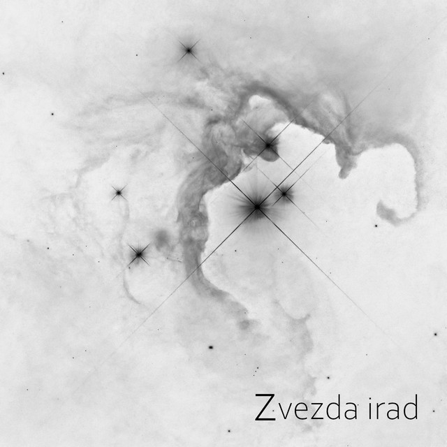 Inverted black-and-white photograph of a nebula with dark star points and long diffraction spikes, with the title in thin lowercase letters at the bottom right